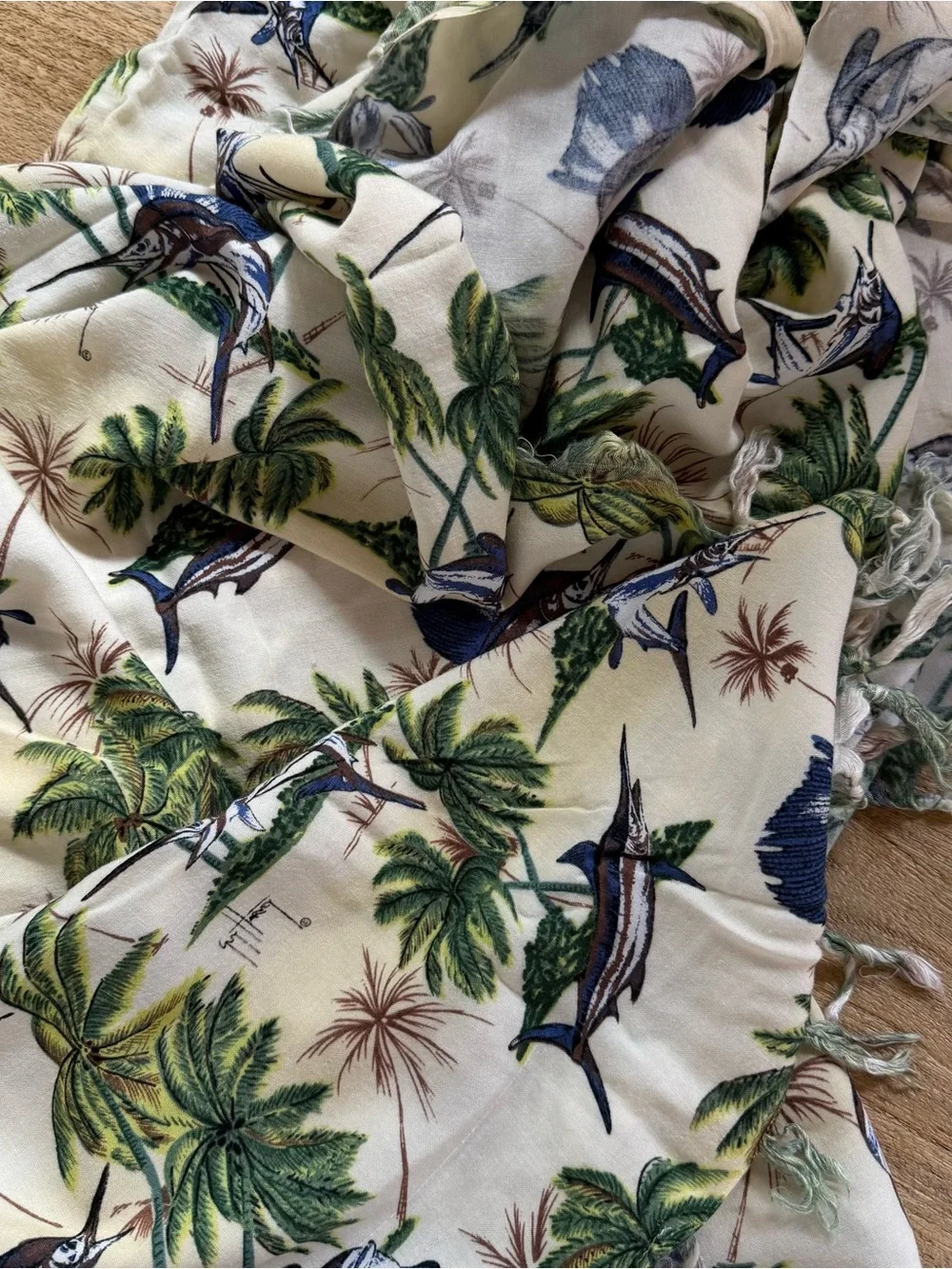 Guy Harvey 100% Rayon Tropical Marlin Palm Tree Fringe Scarf Wrap 40x62